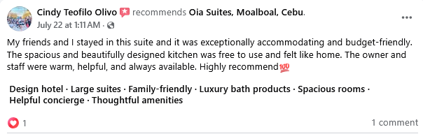 OIA Suites Moalboal review on Facebook