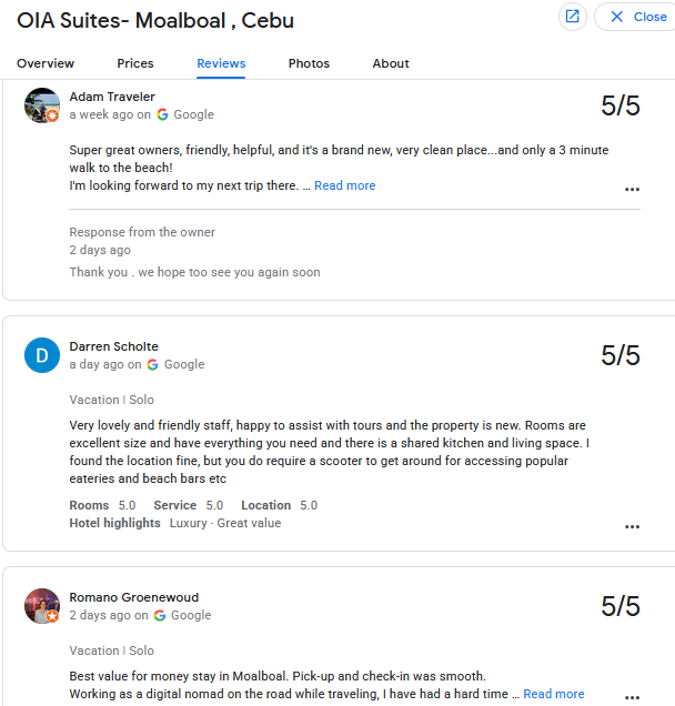 Reviews OIA Suites Moalboal in Google